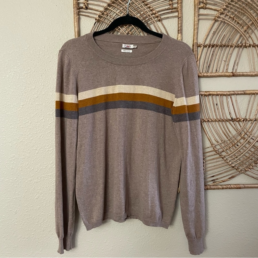 Faherty Beige Sweater with Yellow and Gray Stripes